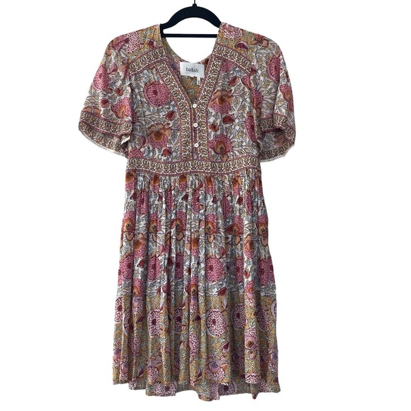 ba&sh Paris XS Boho Floral Mini Dress V-Neck Button Front Pink Orange - Picture 1 of 8